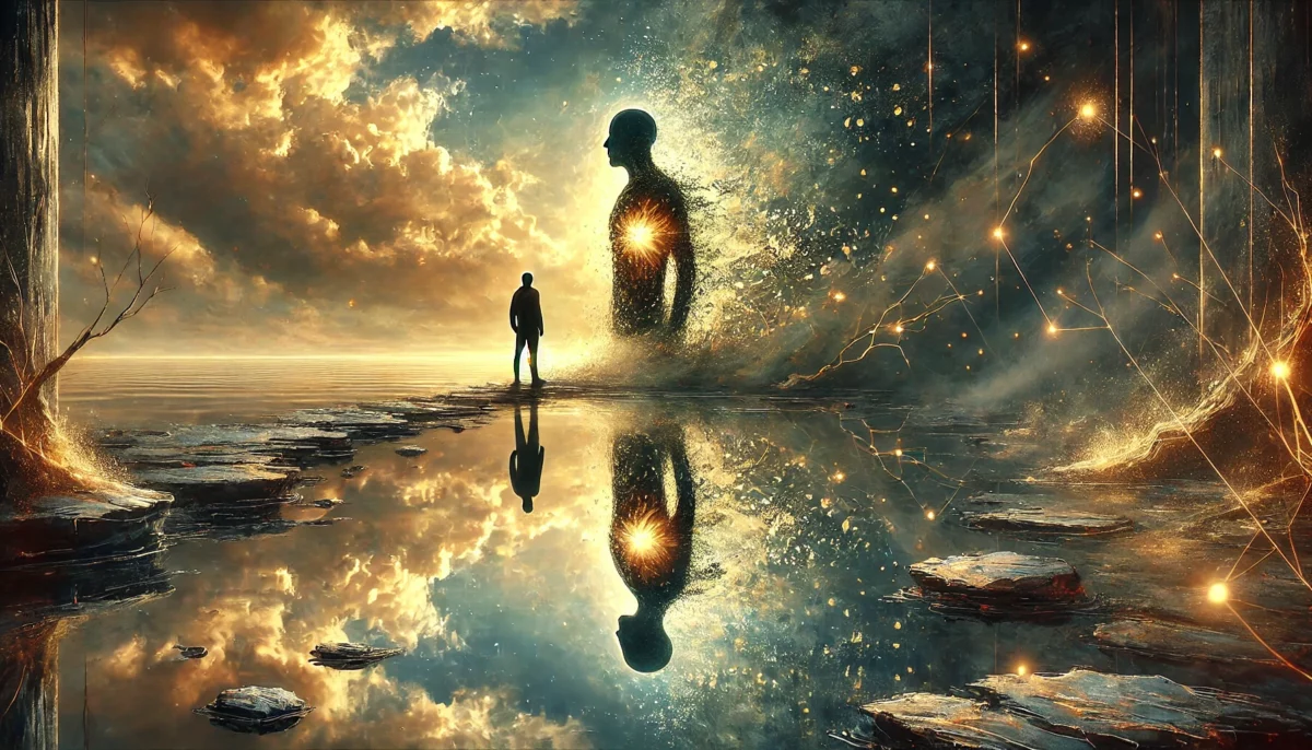 Cette image illustre le processus d’introspection et de guérison après une relation toxique. Une silhouette se tient au bord d’un miroir d’eau, contemplant son reflet fragmenté, symbole des blessures du passé et de la nécessité de les comprendre pour avancer. L’eau calme représente la clarté retrouvée à travers l’analyse et la prise de conscience, tandis que les fissures lumineuses dans le reflet évoquent la reconstruction et l’intégration des expériences vécues. L’ambiance oscille entre ombre et lumière, montrant que la vérité émerge progressivement à mesure que l’on explore son propre chemin intérieur. Un voyage de réconciliation avec soi-même, où chaque fragment du passé devient une clé vers la libération et la renaissance.