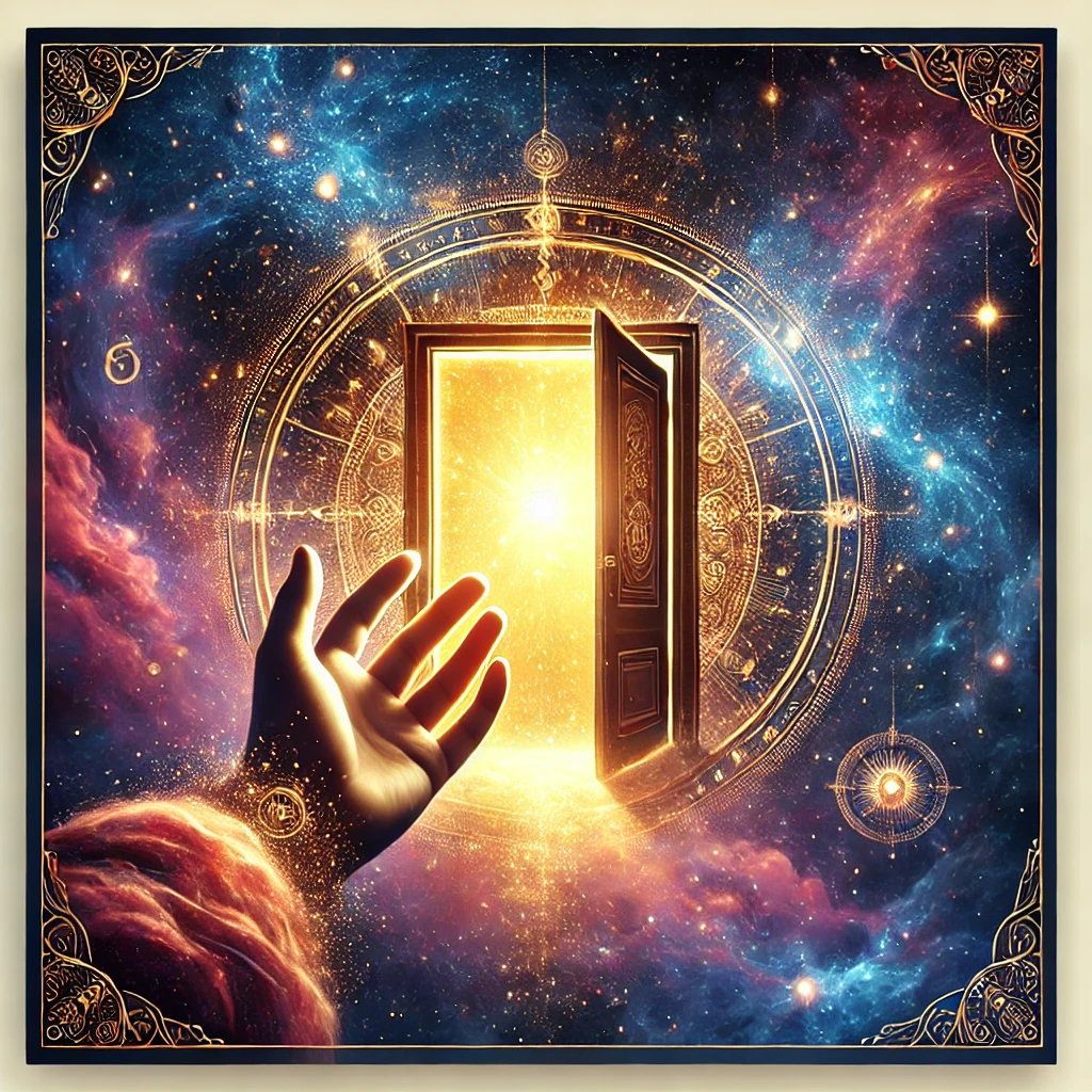 Cette image illustre l’invitation à la connexion et à l’échange au-delà des frontières visibles. La porte cosmique lumineuse symbolise l’ouverture vers une communication sincère et intuitive, où chaque interaction devient une passerelle entre les âmes. La main éthérée tendue vers l’extérieur incarne l’accueil, le partage et l’accompagnement bienveillant. Elle représente le lien invisible qui unit les êtres à travers les énergies subtiles, un fil doré tissé entre le visible et l’invisible. Les lumières dorées qui émanent du portail évoquent la guidance et la clarté, rappelant que chaque échange est une opportunité d’évolution et de compréhension mutuelle. Un appel à oser franchir le seuil, à s’ouvrir aux rencontres et à laisser la lumière guider chaque connexion.
