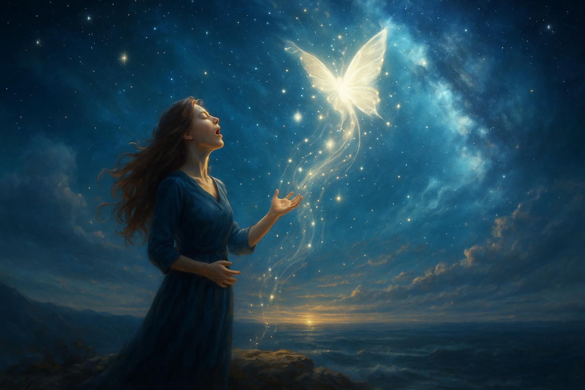 Cette image incarne la libération de la voix intérieure, au cœur d’un paysage céleste et réaliste, baigné d’une lumière magique. La silhouette d’une femme se tient seule face à l’immensité, entre ciel et terre, comme suspendue entre deux mondes. Son regard tourné vers la lumière symbolise l’alignement retrouvé avec sa vérité profonde. Le ciel aux teintes dorées et azurées représente la clarté retrouvée après les tempêtes intérieures. Les nuées légères autour d’elle évoquent les anciens silences dissipés, les pensées libérées, la mémoire du passé qui s’efface doucement. L’océan calme au loin rappelle la profondeur émotionnelle et la puissance du non-dit qui se transforme en puissance de création. Une invitation à se réapproprier sa parole, à reconnaître sa souveraineté, et à laisser jaillir la lumière de sa vérité dans un monde prêt à l’entendre.