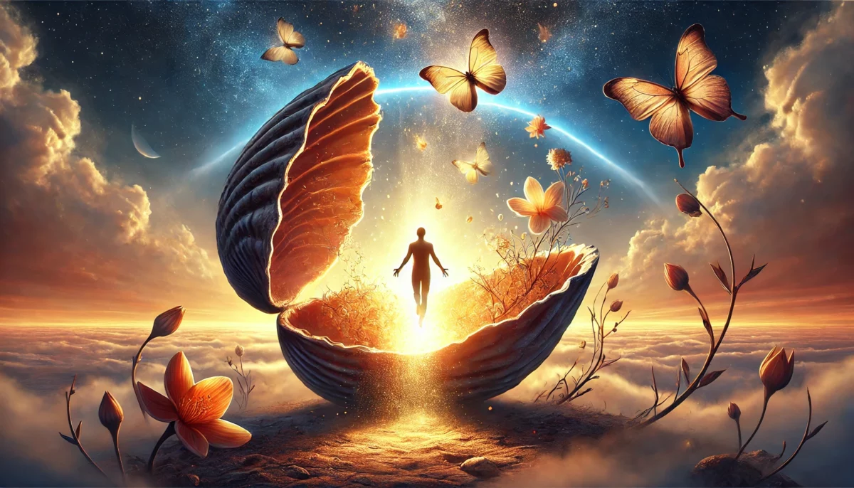 Cette image illustre le processus de renaissance intérieure et de transformation profonde. La silhouette sortant d’une coquille brisée représente l’ancienne version de soi qui se fracture pour laisser émerger une nouvelle identité, plus alignée et libre. Autour d’elle, la lumière dorée et les fleurs en pleine éclosion symbolisent la croissance, le renouveau et l’ouverture vers de nouvelles possibilités. Le sol voilé de brume rappelle l’incertitude de la transition, ce moment où tout semble flou mais où chaque pas mène à une découverte intérieure. Les papillons qui s’élèvent incarnent la liberté, la légèreté et l’évolution spirituelle, un appel à embrasser pleinement son essence véritable. Un message de confiance et d’acceptation : oser se révéler, accueillir le changement et renaître à soi-même.