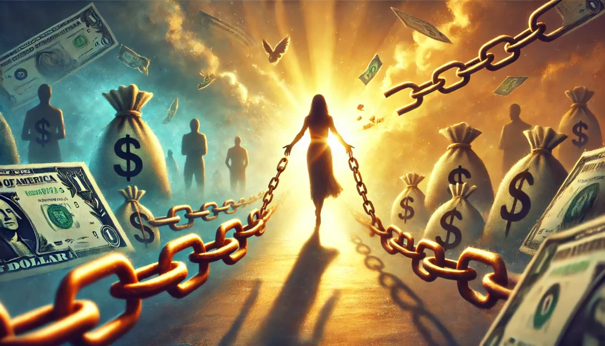 Cette image illustre la reconquête de son pouvoir personnel après une emprise financière. Les chaînes brisées symbolisent la libération des contraintes invisibles qui enferment, tandis que la lumière montante évoque une renaissance vers l’indépendance et l’autonomie. À gauche, l’ombre du passé rappelle les manipulations et les illusions de sécurité, tandis qu’à droite, l’ouverture vers un nouvel horizon incarne la reconstruction et la force intérieure retrouvée. Un message puissant sur la nécessité de reprendre le contrôle de sa vie, de s’affranchir des schémas limitants et d’oser avancer vers une liberté retrouvée.