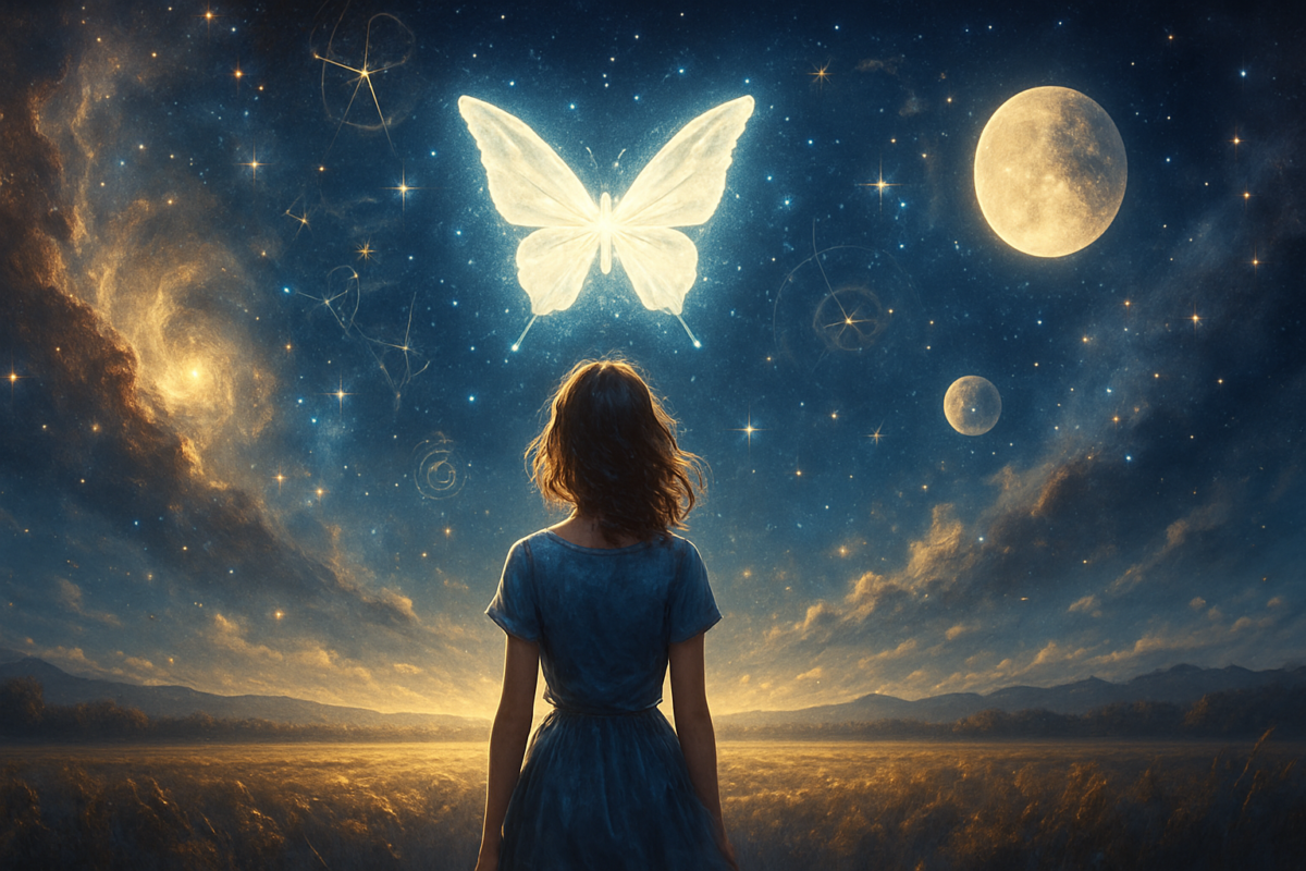 Cette image illustre le moment sacré où l’être prend conscience d’une blessure ancienne, et s’ouvre à sa transformation. La jeune femme, tournée vers le ciel, incarne cet instant de vulnérabilité lucide, où l’on ose enfin regarder au-delà de soi pour comprendre ce qui nous habite depuis toujours. Le papillon lumineux suspendu dans le ciel symbolise la blessure devenue messagère : une invitation à la métamorphose. Autour d’elle, les constellations et les planètes évoquent la guidance subtile de l’astrologie, comme une carte céleste révélant ce qui était invisible jusqu’alors. Le paysage baigné de lumière dorée contraste avec la profondeur du ciel étoilé, illustrant le passage de l’ombre vers la conscience, de la douleur muette vers l’apaisement intérieur. Une image qui invite à écouter les murmures de son histoire, à honorer ses émotions, et à laisser la lumière faire éclore ce qui, en nous, demandait à être vu.