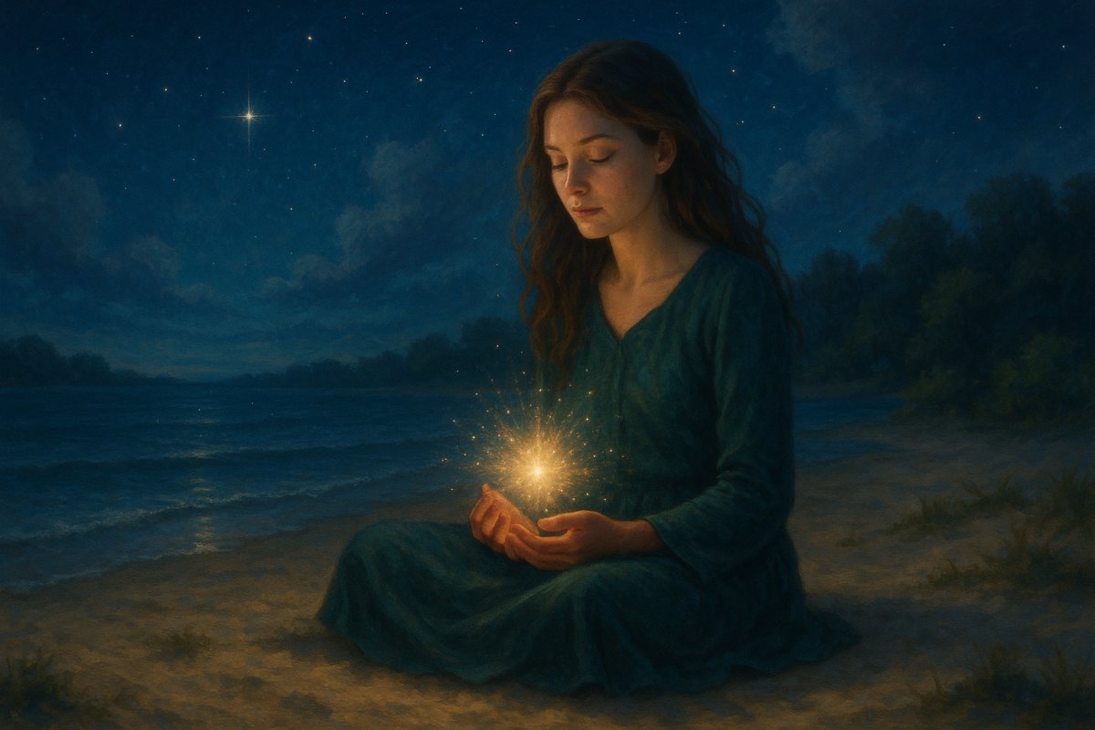 Cette image illustre le moment suspendu d’une renaissance intérieure. Assise sur une plage baignée par la nuit étoilée, la femme incarne la douceur retrouvée après l’épreuve. Son corps en paix, tourné vers l’intérieur, accueille une lumière née de ses mains : symbole de son pouvoir intérieur réactivé. Le sable représente le terrain fragile mais fertile des émotions mises à nu. La mer calme reflète les mouvements profonds de l’âme, tandis que la lisière d’arbres à l’horizon évoque la frontière entre l’ancien et le renouveau. Le ciel, immense et constellé, rappelle que chaque blessure peut devenir ouverture vers l’infini. Une invitation à se reconnecter à sa lumière, à transmuter la douleur en puissance, et à renaître depuis le cœur de la nature.