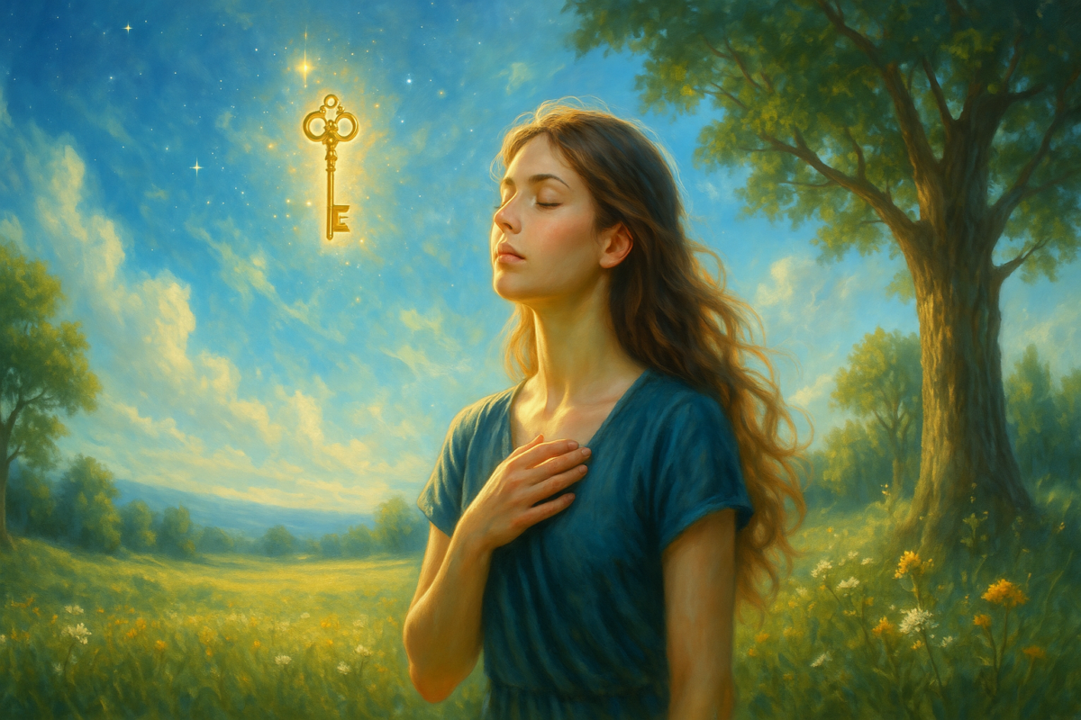 Cette image illustre un moment de révélation intérieure, baigné de lumière et de paix. La jeune femme, debout dans un vaste champ fleuri sous un ciel bleu parsemé d’étoiles diurnes, ferme les yeux avec douceur. Sa main posée sur sa poitrine symbolise l’écoute profonde de son ressenti, une posture d’alignement avec ce qui vibre en elle. Au-dessus d’elle, une clé dorée suspendue dans l’air incarne l’activation d’une conscience nouvelle. Elle ne cherche plus à comprendre avec son mental, mais à ressentir avec son cœur. Cette clé ne vient pas de l’extérieur — elle apparaît quand on est prêt à voir ce qui a toujours été là. Le paysage lumineux, vibrant de vie, représente le potentiel d’épanouissement lorsque l’on cesse de lutter contre ses blessures et qu’on accepte de les reconnaître comme des guides. Une invitation à s’arrêter, à respirer, et à se rappeler que parfois, la transformation commence par un simple geste de présence à soi.