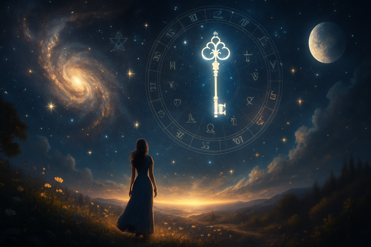 Cette image illustre le chemin intérieur vers la révélation de soi. La femme, debout sur une colline baignée par la lumière douce de l’aube, contemple un ciel infini constellé d’étoiles, de galaxies et de symboles astrologiques. Elle est entourée de fleurs sauvages et de silence, comme suspendue entre la terre et le cosmos. Au centre du ciel, une clé lumineuse apparaît au cœur d’un cadran astral, symbole d’un savoir enfoui prêt à être activé. La galaxie en spirale, à gauche, évoque les cycles de transformation, tandis que la lumière dorée à l’horizon incarne la promesse d’un renouveau. C’est une invitation à s’arrêter, à écouter, à regarder le ciel non plus pour fuir, mais pour se reconnecter à ce qui vibre en soi. Un appel doux et puissant à retrouver sa direction, à activer sa propre clé intérieure, et à marcher vers ce qui fait sens.