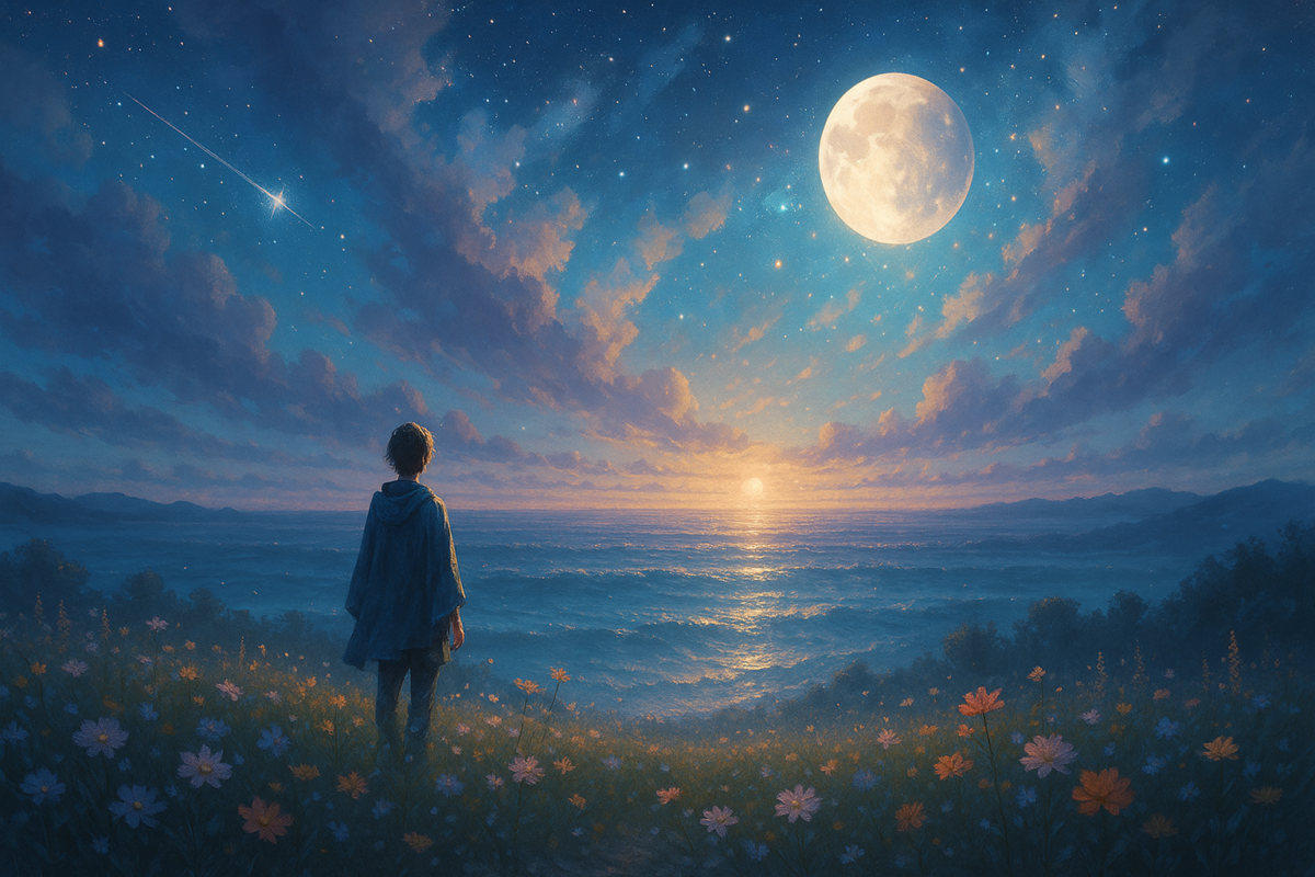 Cette image illustre l’achèvement silencieux d’un voyage intérieur, où l’âme, apaisée, se laisse traverser par la lumière d’un renouveau profond. Le décor céleste, entre mer et ciel étoilé, crée une ambiance suspendue, où la frontière entre rêve et réalité s’efface. La silhouette immobile face à l’horizon incarne l’instant de pleine intégration, lorsque le mental s’apaise et que l’énergie circule librement, sans besoin d’être nommée. Le paysage, baigné d’une lumière douce et diffuse, symbolise l’ancrage retrouvé et la légèreté de l’être en paix. Les courbes douces et les teintes lumineuses expriment le relâchement des tensions, la fin de la lutte, et l’émergence d’un souffle nouveau. Un appel à reconnaître que parfois, la véritable transformation ne se dit pas — elle se respire.