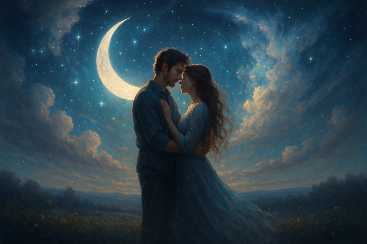 Cette image représente l’essence d’un amour juste et libre. Au centre, un couple se tient enlacé sous un ciel céleste, baigné de la lumière d’un croissant de lune doré. Leurs silhouettes, baignées d’une douce clarté, traduisent la tendresse silencieuse, l’écoute réciproque et la force d’un lien qui n’enferme pas. Autour d’eux, le ciel étoilé évoque l’infini des possibles quand deux êtres choisissent de grandir ensemble sans se posséder. Les nuées dorées symbolisent les épreuves traversées avec douceur, et les fleurs délicates au sol rappellent que l’amour véritable s’enracine dans le respect et l’harmonie. Une invitation à croire en un amour qui n’a rien à prouver, simplement à être.