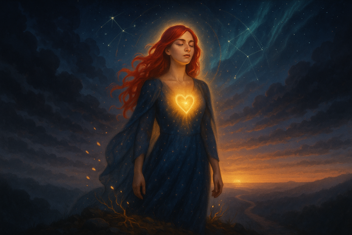Cette image incarne le moment sacré où l’être, après avoir traversé les ténèbres de l’oubli, se reconnecte à sa lumière intérieure. La femme aux cheveux rouges, debout sur une montagne à l’aube naissante, symbolise la conscience qui émerge du chaos intérieur, guidée par les constellations et les aurores célestes. Son cœur lumineux évoque l’éveil de l’amour véritable, celui qui émane de l’alignement retrouvé entre le corps, l’âme et l’esprit. Les fragments de lumière qui s’élèvent autour d’elle sont les vestiges transmutés de ses blessures, devenus graines d’étoiles. Le chemin sombre derrière elle représente l’ancienne emprise, tandis que les racines dorées à ses pieds manifestent l’enracinement nouveau dans sa vérité. Un hommage à la résilience, à la clarté retrouvée, et à la beauté du retour à soi.