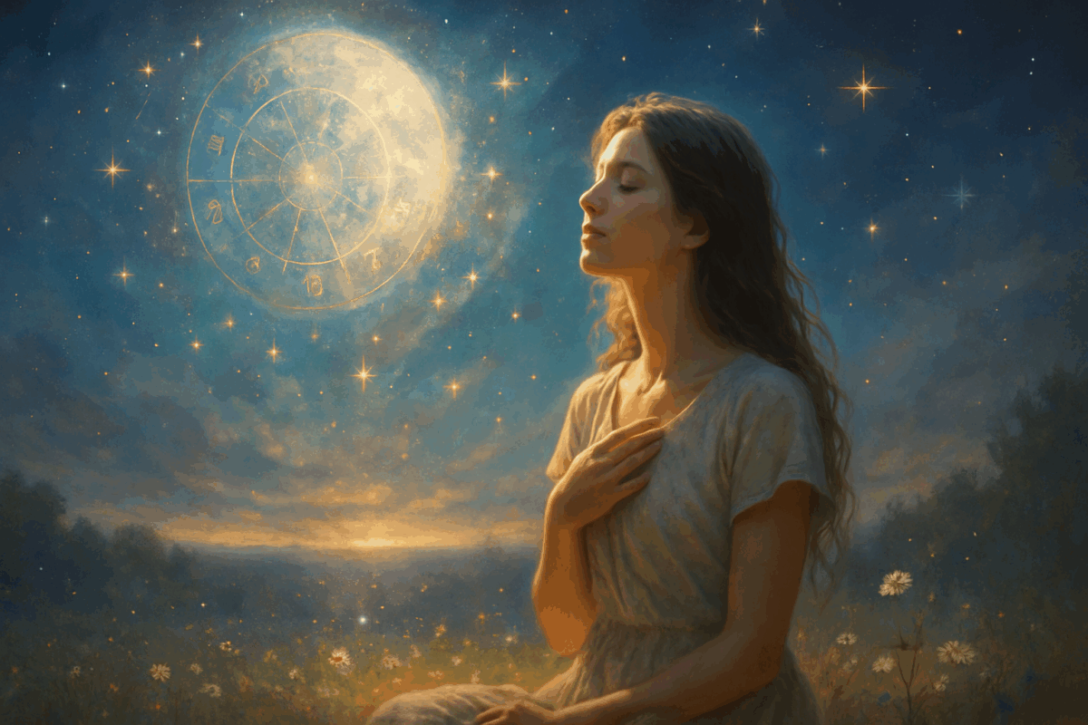 Cette image illustre le moment de reconnexion intime à soi, lorsque l’on cesse de se fuir pour enfin s’accueillir. La jeune femme, avançant pieds nus sur un chemin céleste inondé de lumière, incarne le retour doux à l’essence profonde de l’être. Le ciel, parsemé de voiles lumineux et de nuages diaphanes, reflète une ambiance d’unité entre terre et cosmos, comme si l’univers tout entier soutenait ce mouvement d’amour intérieur. Autour d’elle, les éléments vibrent d’harmonie : les herbes dansent doucement, les halos dorés flottent dans l’air, et un oiseau lumineux s’élève à l’horizon. Une image qui symbolise la paix retrouvée après les luttes intérieures, et l’éveil de l’amour de soi comme une évidence. Une invitation à déposer le masque, à se reconnaître telle que l’on est, et à faire de cette reconnaissance un espace sacré d’unité et de lumière.