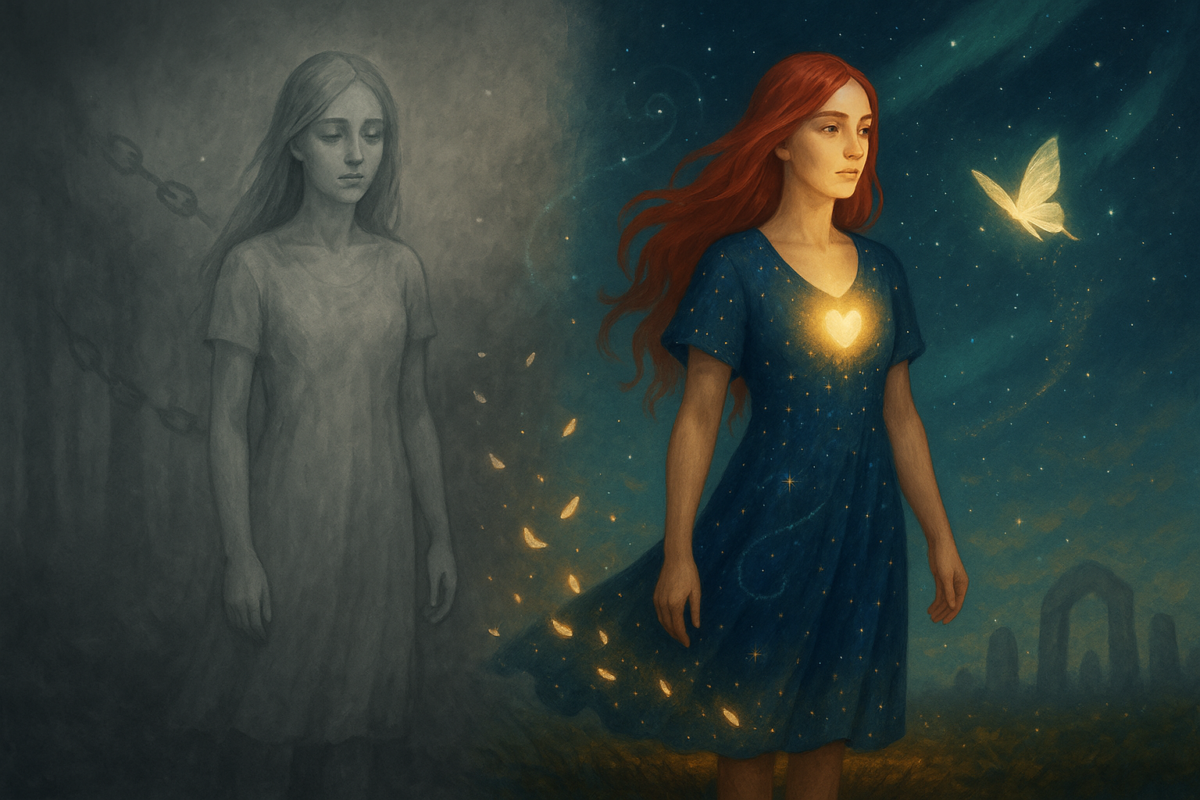 Cette image illustre la traversée intérieure d’un être scindé entre dissociation et reconnexion. À gauche, une figure pâle, floue, figée dans une brume opaque, incarne l’état de déconnexion : absence de vie, regard vide, chaînes invisibles d’un contrôle insidieux. À droite, la même femme, transformée, rayonne de présence. Ses cheveux rouges vibrent d’intensité, son cœur illumine son centre d’un éclat doux et stable, et son regard tourné vers l’intérieur témoigne de la sagesse retrouvée. Le sol fertile sous ses pieds et les constellations sur sa robe évoquent l’ancrage et la guidance céleste. Les pétales lumineux qui traversent la scène marquent le passage de l’ombre à la conscience, comme une mue subtile de l’âme. Le papillon doré, messager de renaissance, plane à ses côtés, symbole d’une liberté reconquise. Une représentation puissante du retour à soi, du pouvoir intérieur réactivé, et du chemin universel de toute guérison profonde.