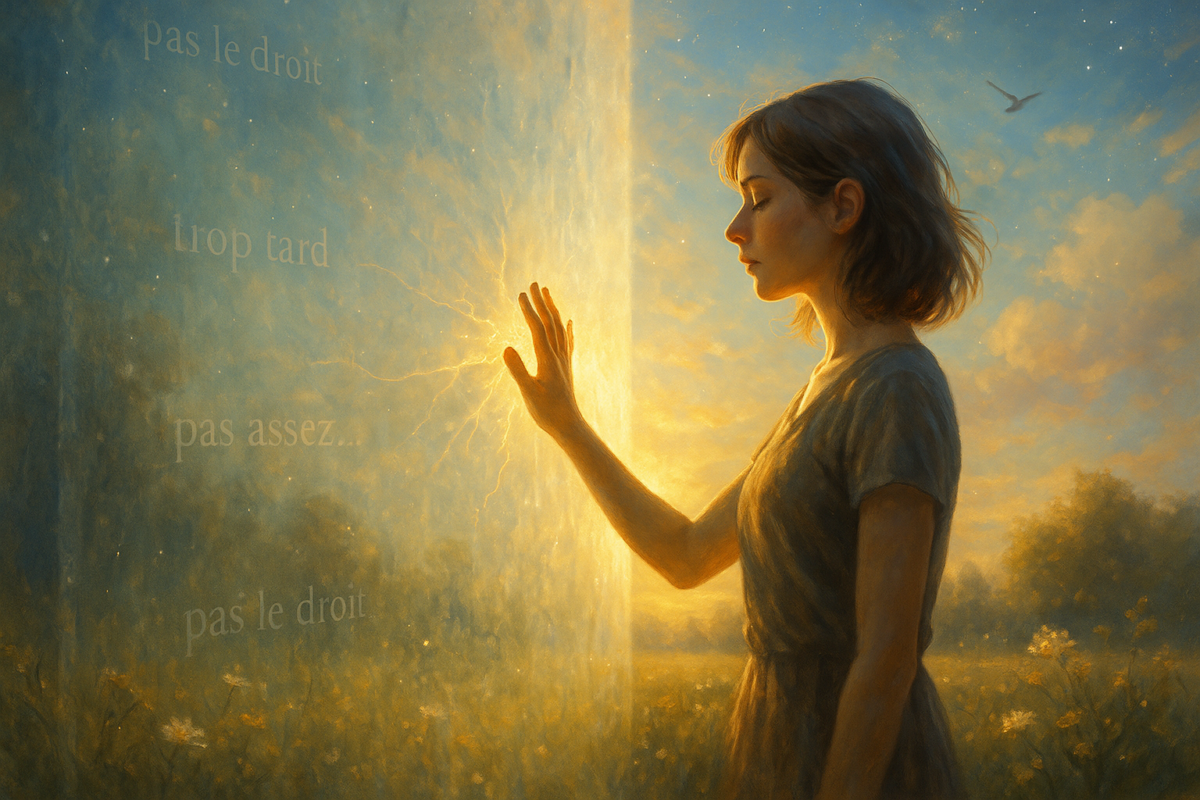 Cette image illustre le moment précis où une prise de conscience transforme un blocage invisible en passage vers la liberté intérieure. La femme, arrêtée devant une barrière lumineuse à peine perceptible, incarne cette tension silencieuse entre l’élan et la retenue. Le ciel céleste, parsemé d’étoiles diurnes et baigné de lueurs dorées, symbolise la clarté nouvelle qui émerge quand on ose regarder ses freins intérieurs en face. Derrière le mur translucide, une prairie éclatante et vivante représente ce qui attend : l’élan, la légitimité, la vie incarnée. Les filets de lumière s’échappant du mur rappellent que chaque croyance limitante peut, une fois éclairée, devenir un seuil à franchir. Une invitation à reconnaître le mur non comme une fin, mais comme une invitation à s’autoriser enfin à avancer.