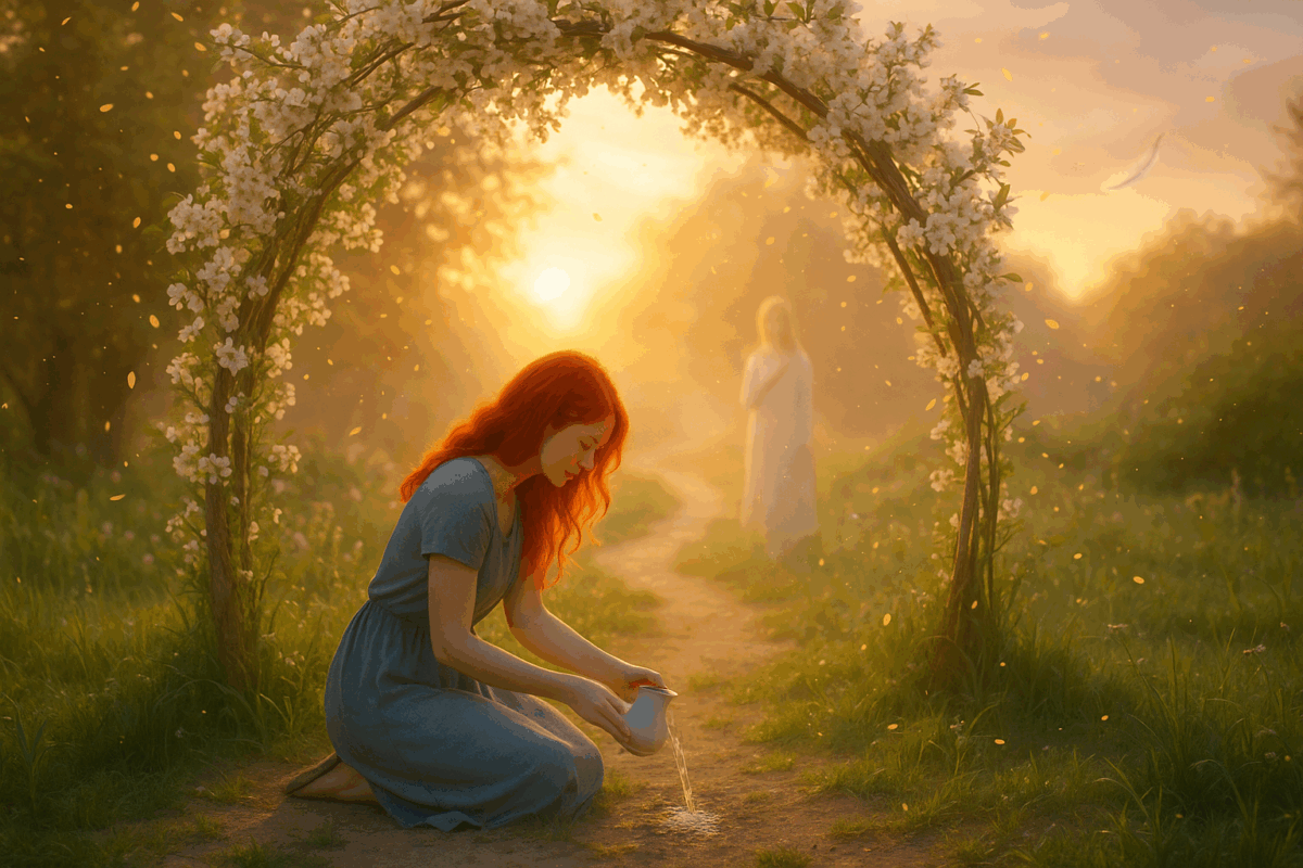 Cette image illustre l’acte silencieux du pardon, non comme une réconciliation extérieure, mais comme une offrande intérieure. La femme aux cheveux rouges est agenouillée à l’entrée d’une arche fleurie, seuil symbolique vers une paix retrouvée. Dans ses mains, un vase d’eau lumineuse qu’elle verse lentement dans la terre, symbole de ses émotions purifiées, rendues à la vie sans attente ni rancune. Derrière elle, dans la lumière douce du matin, une silhouette féminine floue, debout sur le chemin, incarne l’écho d’un lien passé — celui qui, sans revenir, peut pourtant être apaisé. Les pétales dorés flottant dans l’air représentent les souvenirs libérés avec douceur, et les lucioles blanches, les prises de conscience qui s’élèvent, légères, vers le ciel. Un appel à déposer les poids invisibles, à offrir la lumière plutôt que le conflit, et à travers l’acte humble du lâcher-prise, ouvrir en soi un chemin de paix durable.