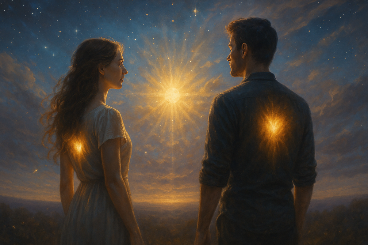 Cette image illustre l’essence de l’amour sacré, lorsque deux âmes entières se rencontrent sans se perdre. L’homme et la femme se tiennent face à face, chacun porteur d’une lumière qui émane de son propre cœur, symbole de l’individualité préservée et du rayonnement intérieur. Au centre, l’éclat solaire incarne la force de l’union sacrée : non une fusion où l’un s’efface pour l’autre, mais une rencontre vibrante entre deux êtres alignés. Le ciel céleste, parsemé d’étoiles, rappelle la dimension divine et infinie de cette alchimie amoureuse. Les particules lumineuses flottant autour d’eux suggèrent la douceur du lien et la pureté de l’échange. Une invitation à aimer sans se renier, à bâtir l’union depuis un centre plein, et non depuis un vide à combler.