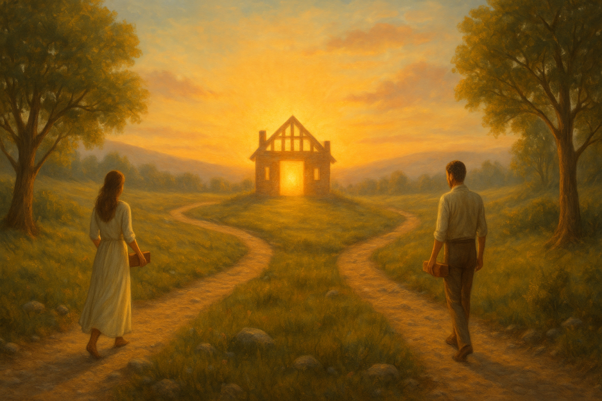 Cette image illustre la rencontre sacrée de deux êtres cheminant chacun sur leur propre voie. Les deux sentiers sinueux qui convergent incarnent le parcours individuel, avec ses méandres, ses pierres d’expérience et ses étapes de transformation. L’homme et la femme, paisibles et déterminés, avancent seuls mais porteurs d’une brique : symbole de leur contribution consciente à une œuvre commune. Au point d’union, une maison en construction s’élève, baignée d’une lumière dorée. Elle représente le couple en devenir, non comme un refuge, mais comme une création partagée, vivante, en cours d’élévation. Les arbres veillent sur le paysage comme des gardiens du temps, témoins des épreuves surmontées et des ressources intérieures révélées. Un halo lumineux émanant du cœur de la maison rappelle que l’amour véritable ne fusionne pas, il éclaire. Il se construit là où deux âmes entières se choisissent pour bâtir, en conscience, un espace sacré. Un appel à l’union consciente, où le chemin de l’autre commence par l’honorer dans le sien.