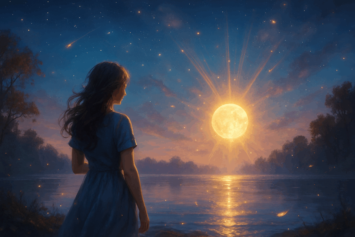Cette image symbolise la complétude intérieure et la fin de l’illusion de séparation. Au premier plan, une femme marche seule dans une vaste plaine dorée, baignée d’une lumière céleste. Elle avance paisiblement, entourée d’un paysage aux teintes magiques, entre ciel et terre, entre réel et invisible. Le chemin qu’elle suit semble surgir de la lumière elle-même, évoquant la voie sacrée de retour à soi. Autour d’elle, des particules lumineuses dansent, témoins d’un monde subtil qui la soutient silencieusement. En arrière-plan, les montagnes effacées rappellent les anciennes croyances, aujourd’hui dépassées. Un hommage visuel à l’Être souverain, qui se découvre entier en lui-même et n’a plus besoin de se chercher dans un autre pour exister pleinement. Un rappel doux et puissant : tu n’as jamais été incomplète.