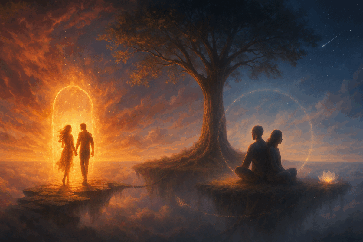 Cette image représente la traversée intérieure entre illusion et vérité. À gauche, deux âmes s'élancent l'une vers l’autre sur une passerelle incandescente, prêtes à se rejoindre mais déjà en train de se consumer, symbolisant l’ardeur trompeuse des liens karmiques. Les particules de lumière qui s’échappent d’elles racontent l’histoire d’un feu qui dévore au lieu d’unir. À droite, dans une sphère lumineuse suspendue au-dessus du vide, les mêmes âmes, apaisées et alignées, méditent dans le silence, liées par un fil d’or vibrant entre leurs cœurs. Le ciel passe de l’obscur à l’éclat doré, illustrant la mue vers une union sacrée. Une invitation à distinguer la fusion destructrice de la communion consciente. À choisir la clarté plutôt que la passion aveugle.
