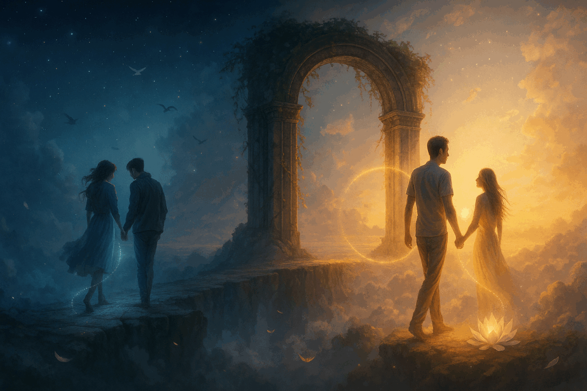 Cette image évoque le chemin d’évolution vers l’Union Divine. Le pont suspendu entre deux falaises célestes symbolise la traversée intérieure d’un monde à l’autre : à gauche, un couple enchaîné dans la brume incarne les anciens liens fondés sur la dépendance et la peur ; à droite, deux âmes libres avancent en miroir, unies par un fil de lumière vibrant entre leurs cœurs. Le ciel, en transition de la nuit vers l’aurore, souligne la métamorphose silencieuse de l’ombre vers la conscience. Les plumes qui s’élèvent rappellent la légèreté retrouvée lorsqu’on choisit l’amour vrai, respectueux et libre. Le lotus en fleur sur le rebord du pont incarne la sagesse née des épreuves, et les lanternes suspendues éclairent les prises de conscience essentielles. Un appel à franchir le seuil, à avancer dans l’équilibre et la clarté, vers un lien qui élève plutôt qu’il n’emprisonne.