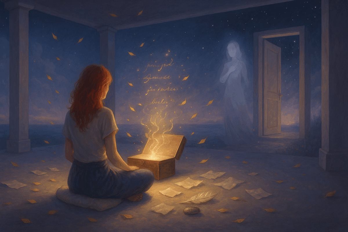 Cette image illustre l’espace sacré du pardon intérieur, cet instant suspendu où l’on choisit de libérer, sans renier. La pièce ouverte, flottant entre nuit et aube, symbolise la chambre intime de l’âme, là où les émotions silencieuses trouvent enfin leur place. Au centre, la femme aux cheveux rouges est assise en tailleur sur un coussin de lumière : elle incarne l’apaisement après la traversée. Autour d’elle, des papiers froissés et des feuilles d’or flottent doucement, témoins des mots non dits, désormais transmutés. Le coffret entrouvert laisse s’élever des lettres d’encre lumineuse : les souvenirs deviennent conscience, les blessures deviennent offrande. Dans un coin de cette scène intemporelle, la silhouette éthérée d’Eléna veille, paisible, main sur le cœur, tournée vers une porte étoilée. Elle représente le lien libéré de toute attente, honoré pour ce qu’il fut. Une invitation à écrire une nouvelle page, dans un espace éclairé de douceur, de paix… et de vérité. Un appel à entrer dans la chambre intérieure, à écouter les murmures de l’âme, et à choisir la paix comme offrande à soi-même.