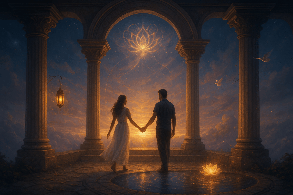 Cette image illustre l’union sacrée comme un sanctuaire vivant ; Un temple invisible érigé entre deux âmes éveillées ; Au cœur d’un paysage céleste baigné de lumière douce, deux silhouettes avancent l’une vers l’autre dans un décor suspendu entre rêve et réalité ; La brume dorée qui les relie symbolise l’espace sacré qu’elles créent ensemble ; Un lieu où l’amour se fait présence consciente, où la relation devient chemin de guérison ; Le miroir d’eau reflète les étoiles et rappelle que toute relation véritable est le reflet du ciel intérieur ; La rose éclose incarne la floraison lente et subtile de l’engagement ; Tandis que la clef suspendue dans l’air murmure que l’accès à cette union passe par l’ouverture du cœur et le respect des rythmes sacrés ; Un appel à honorer l’amour comme un art ; À bâtir un temple vivant à deux, enraciné dans l’âme et élevé vers l’infini ;